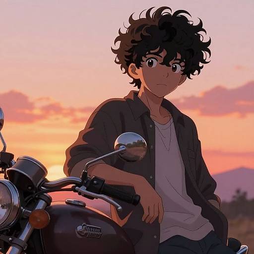Digital anime-style drawing of a curly-haired young man with large eyes, wearing a black shirt and white tee, leaning on a motorcycle at sunset with a