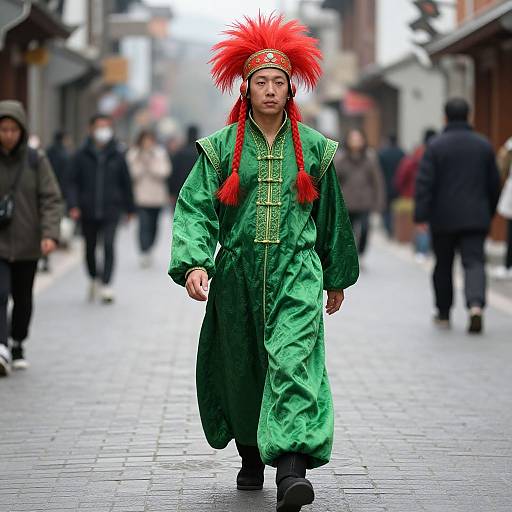Photograph of an Asian man in a vibrant green traditional outfit with red feathered headdress, walking down a busy, blurred urban street.