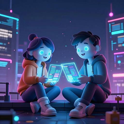 CGI digital art: Glowing blue-eyed anime-style boy and girl with dark hair, hoodies, and boots, sitting on rooftop, holding neon