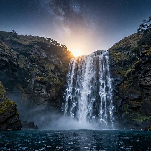 Photograph of a majestic waterfall cascading into a misty pool, surrounded by dark rocky cliffs with green moss, under a bright, glowing sunset sky