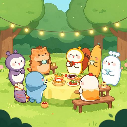 Cute cartoon animals having a picnic in a colorful forest, eating food under string lights on a yellow tablecloth.