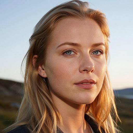 Photograph of a fair-skinned, blonde-haired woman with blue eyes, slight smile, soft natural light, and subtle makeup, set against a blurred