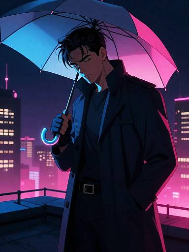 Moody Detective on Neon Rooftop