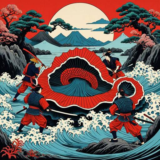 Samurai Battling Giant Clam in Ukiyo-e Style