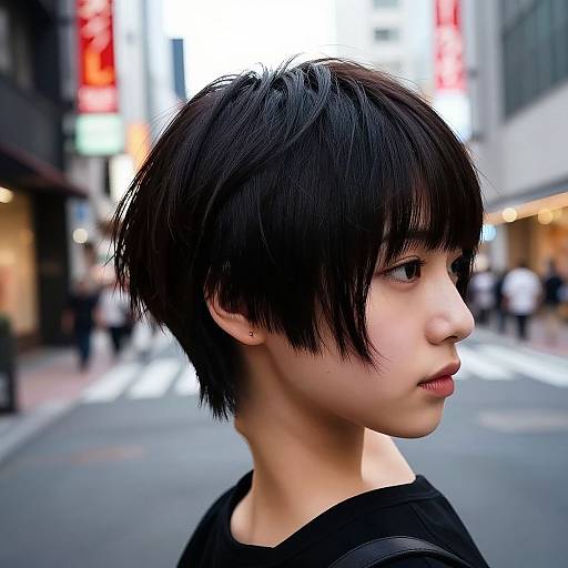 Photograph of an Asian woman with short, black, shaggy hair in a city street, wearing a black shirt, looking to the side,