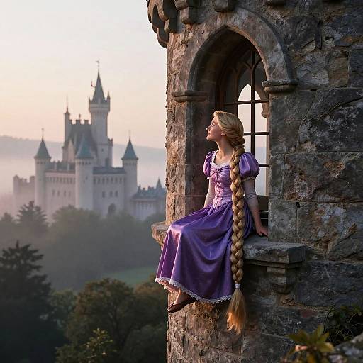 Digital art: Blonde Rapunzel with long braid sits on stone window ledge, gazing at a misty, sunlit castle in the background
