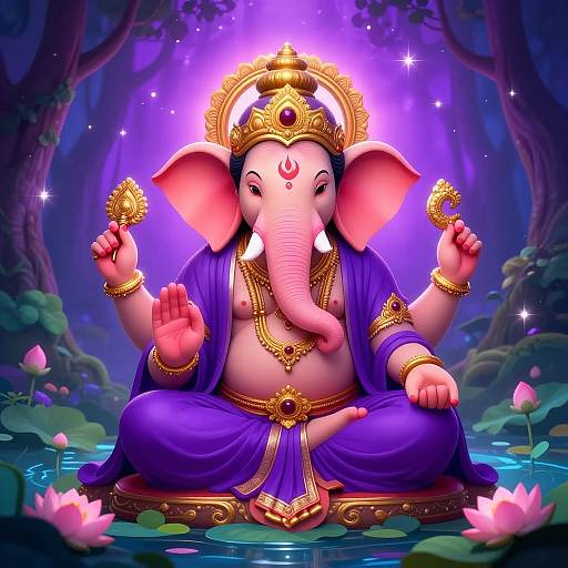 Digital illustration of a pink-skinned Ganesha with a golden crown, purple robe, and ornate jewelry, sitting in a lotus pond under