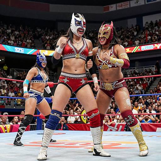 Photorealistic CGI of a wrestling match: two women in colorful, detailed outfits, masks, and boots, fighting in a crowded arena.