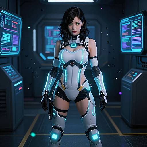 CGI image of a futuristic, armored woman with black hair, glowing blue accents, and green eyes, standing in a sci-fi control room with illuminated