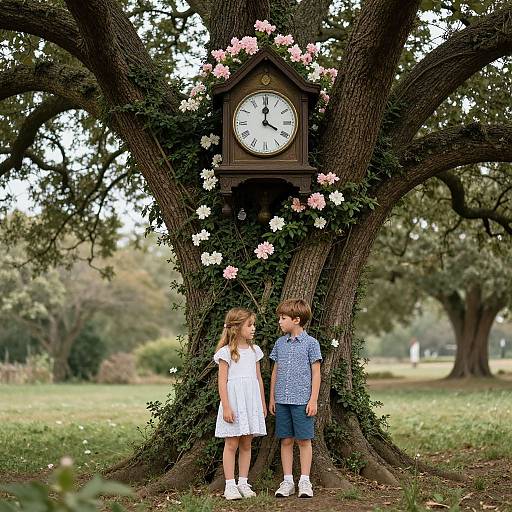Photograph of a young girl in a white dress and a boy in a blue shirt standing before a clock tree with pink flowers, under a large tree