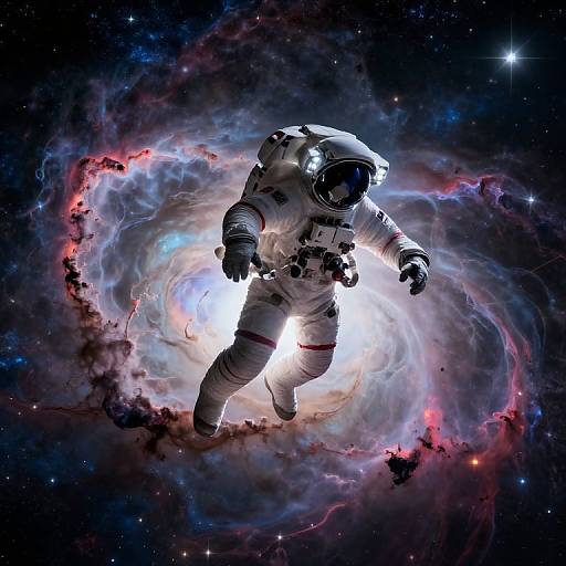 Photorealistic digital artwork of an astronaut floating in space, surrounded by a swirling, colorful nebula with bright white light emanating from the center.