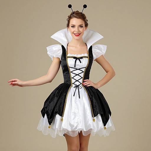 Photograph of a smiling woman in a black and white Alice in Wonderland-inspired dress with a high collar, black corset, and white tulle skirt