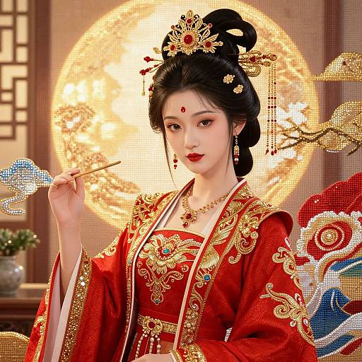 Photorealistic digital artwork of an elegant Asian woman in a red, gold-embroidered traditional Chinese dress, holding a fan, with a radiant