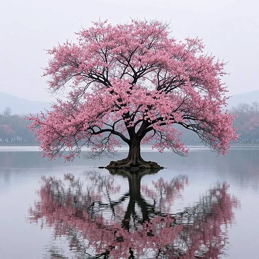 Photograph of a single cherry tree with vibrant pink blossoms, standing in a calm, reflective lake, mirroring its image.