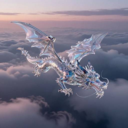 Digital artwork of a shimmering, crystal-like dragon soaring through a cloudy, twilight sky, with glowing blue accents and transparent wings.