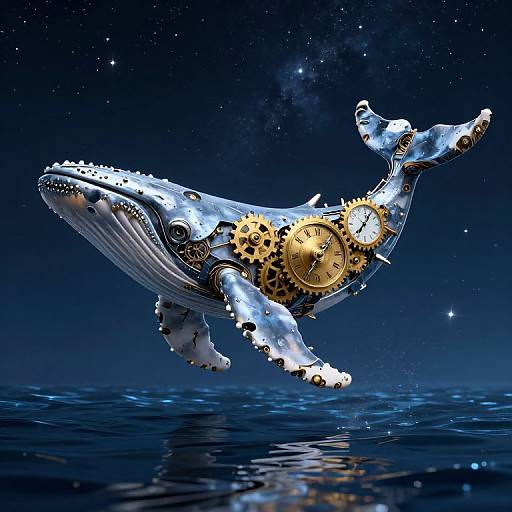Digital artwork of a whale with intricate gold gears inside, floating in a starry, midnight-blue ocean, creating a steampunk marine fantasy.