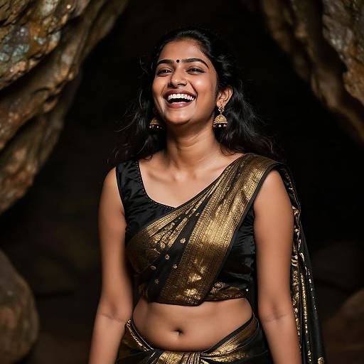 Photograph of a smiling Indian woman with dark skin, black hair, gold-sequined black sari, and gold earrings, standing against a dark
