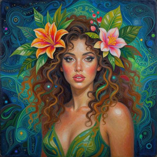 Digital painting of a fair-skinned, curly-haired woman with green eyes, wearing a leafy dress and adorned with orange and pink lilies. Vibr