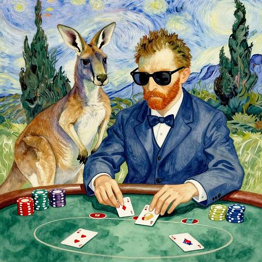 Van Gogh Style Kangaroo Playing Poker