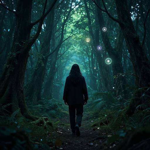Photograph of a silhouetted person with long hair walking down a dimly lit, enchanted forest path, surrounded by glowing orbs and vibrant green