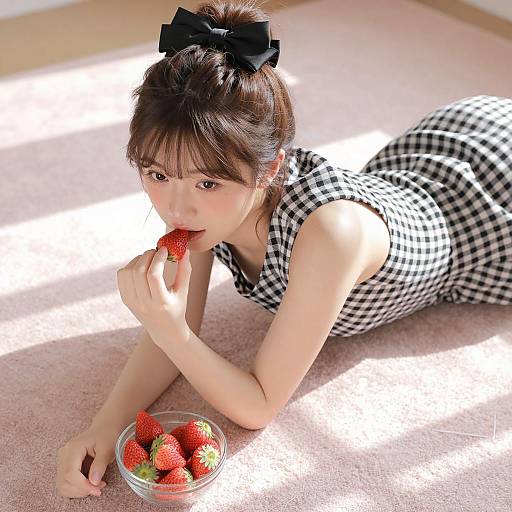 Asian Woman Enjoying Strawberries on Carpet