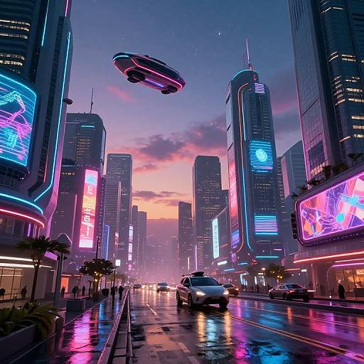 Neon-lit futuristic city street at dusk, wet pavement reflecting vibrant LED signs, hovering drone, tall skyscrapers, cars driving, digital art