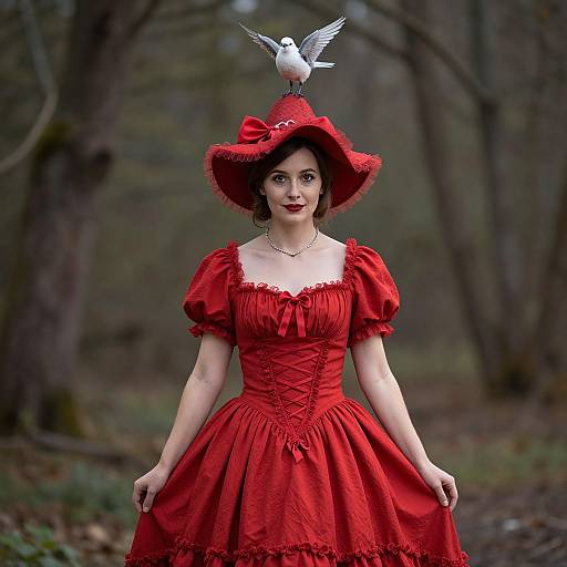 Photograph of a pale-skinned woman with dark hair, wearing a red Victorian-style dress and wide-brimmed hat, with a white bird per