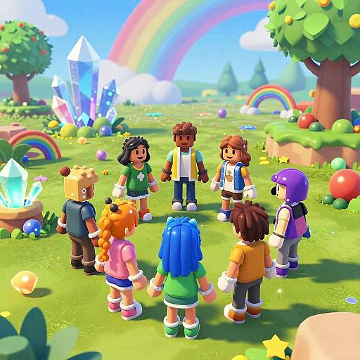 Vibrant CGI image of six colorful, cartoon-style children standing in a lush, rainbow-filled garden with crystals and trees.
