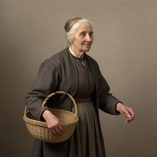 Photorealistic digital painting of an elderly white woman with gray hair, wearing a dark dress and headscarf, holding a woven basket. Neutral gray