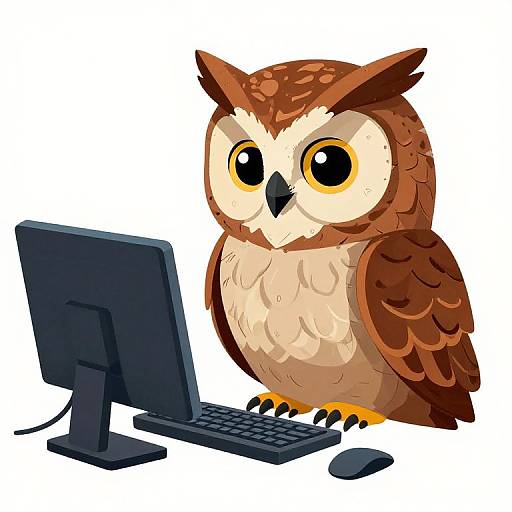 Cartoon brown owl with big yellow eyes, standing beside a black computer monitor and keyboard, white background, digital illustration.