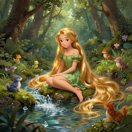 Digital illustration of a blonde, green-dress-wearing fairy girl with long hair, sitting on a mossy rock in a lush forest, surrounded by