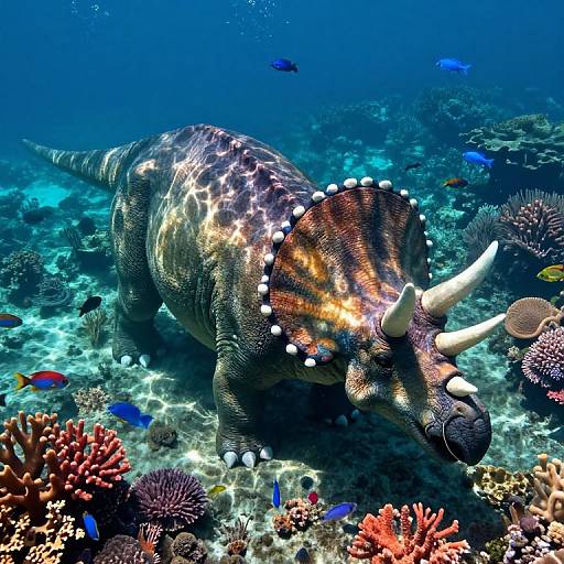 Photograph of a horned sea turtle with intricate, striped patterns, swimming over a vibrant coral reef with colorful fish.