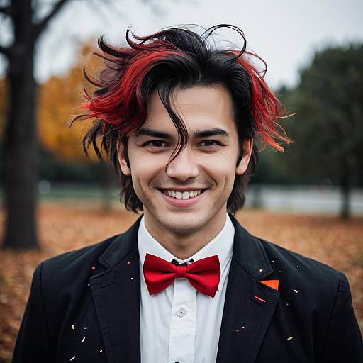 Young Man in Red Bowtie with Messy Hair