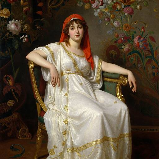 Classical painting of a fair-skinned woman with red headscarf, wearing a white, gold-trimmed gown, seated on an ornate