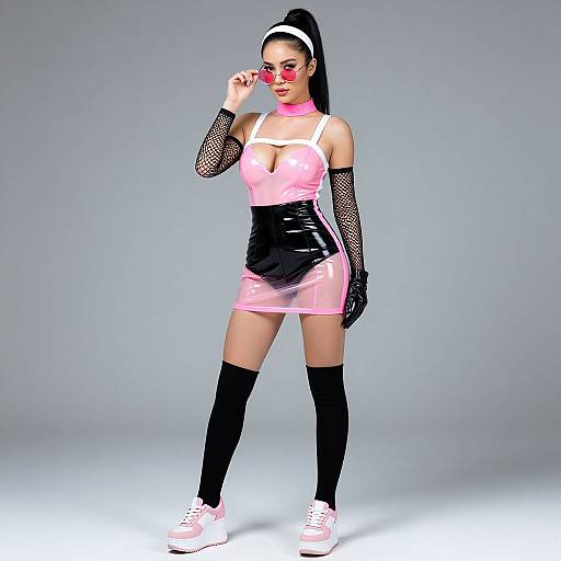 Photograph of a young woman with long black hair in a ponytail, wearing a pink latex dress, black fishnet gloves, pink choker,