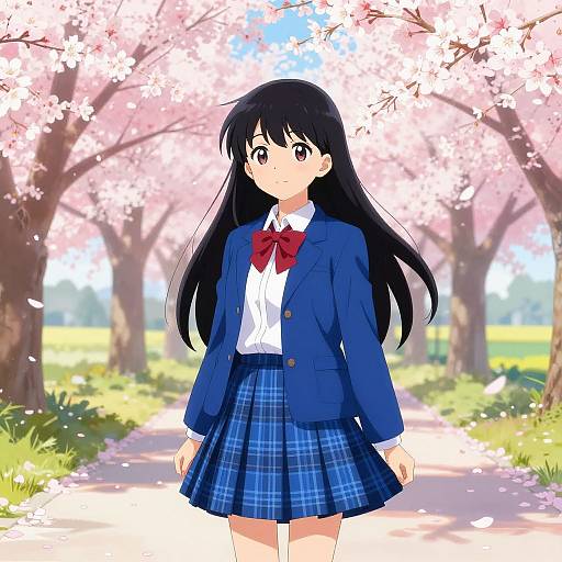 Anime Schoolgirl Under Cherry Blossoms