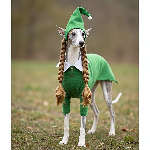 Photograph of a white and gray Whippet dog with braided brown hair, wearing a green elf costume and pointed hat, standing on grass in a
