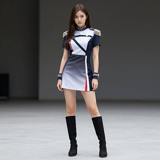 Photograph of an Asian woman with long brown hair, wearing a short, black-and-white military-style dress with gold epaulettes, black boots