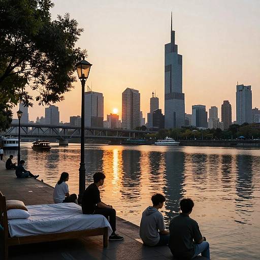 Sunset Cityscape with Boys by River