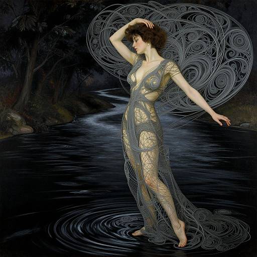 Digital artwork of a fair-skinned woman with curly brown hair, wearing a flowing, translucent blue gown with intricate patterns, standing barefoot in a dark