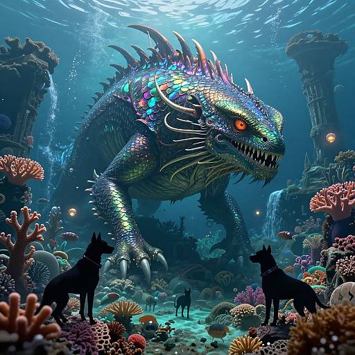 Digital fantasy artwork of a vibrant, bioluminescent dragon with glowing scales and sharp teeth, looming over silhouetted wolves in an underwater coral