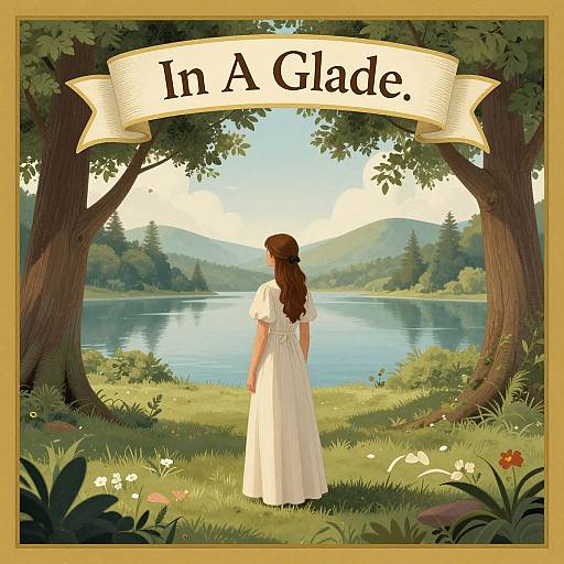 Digital illustration of a woman in a white dress standing by a lake, surrounded by trees, with 