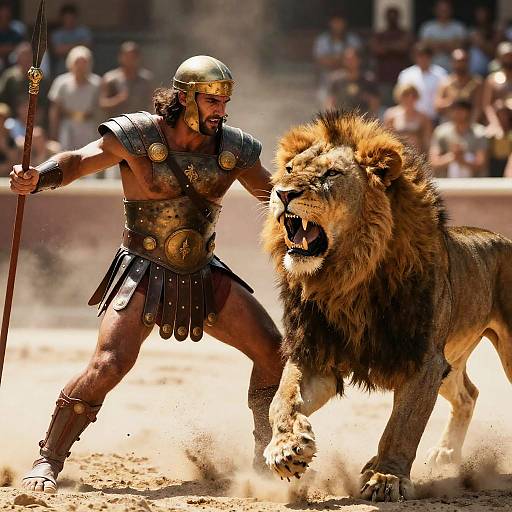 Photograph of a muscular gladiator in gold armor and black skirt, holding a spear, battling a roaring lion in a dusty arena.
