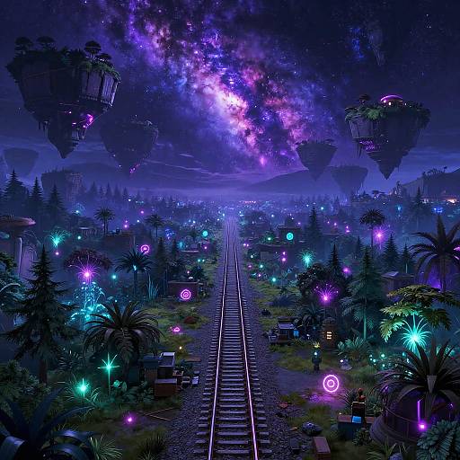 Neon Rails Over Bioluminescent Forest