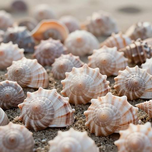 Photograph of numerous small, striped, spiral-shaped seashells scattered on sandy beach, with sunlight highlighting their textured surfaces.