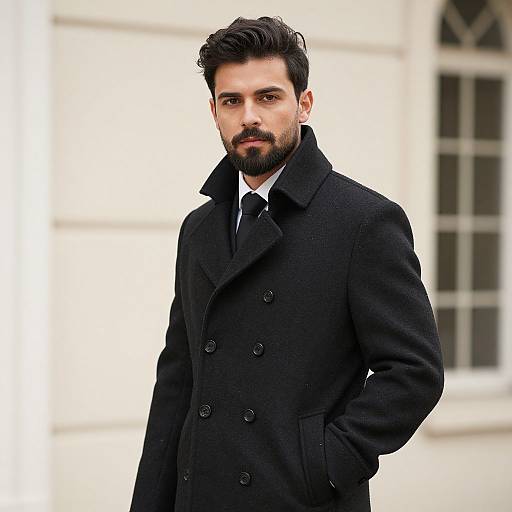 Photograph of a handsome, bearded man with dark hair, wearing a black double-breasted coat, standing against a white, blurred building background.