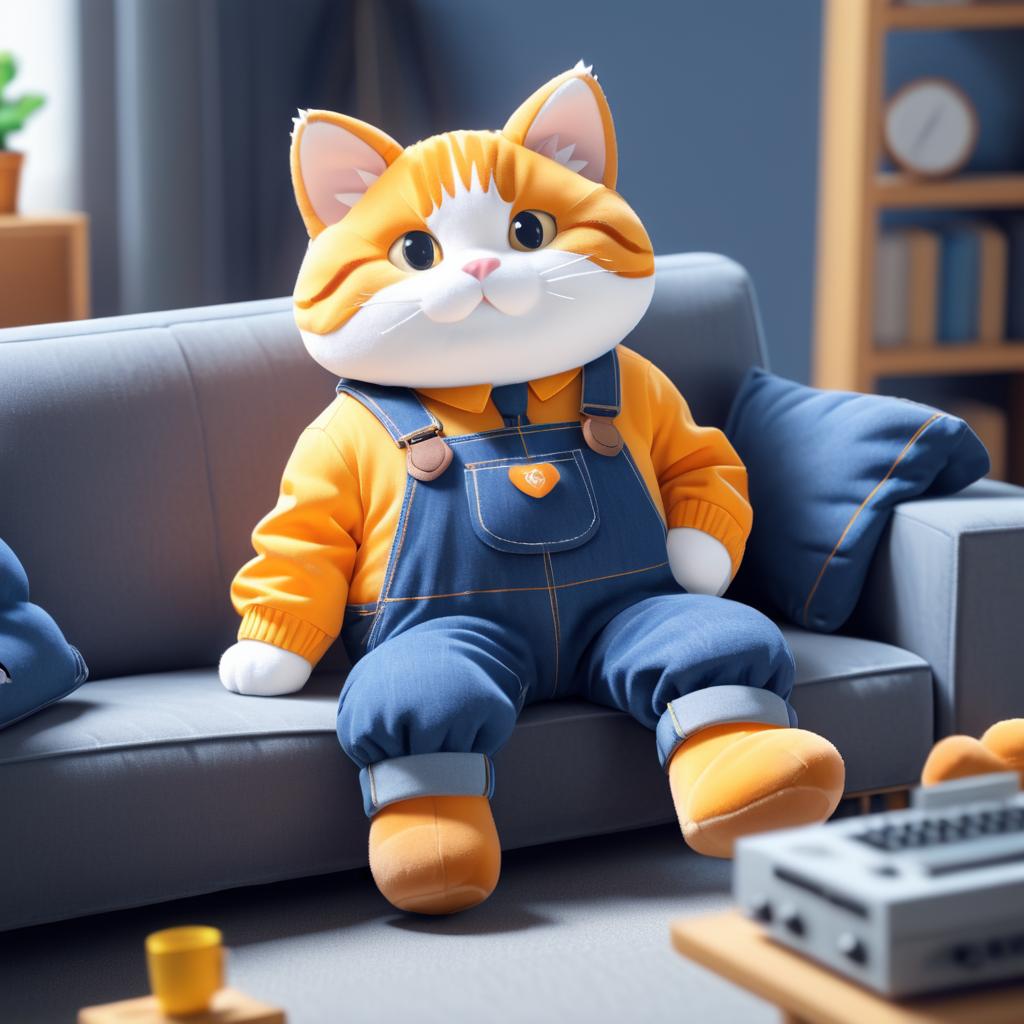 Business Cat in Overalls on Couch