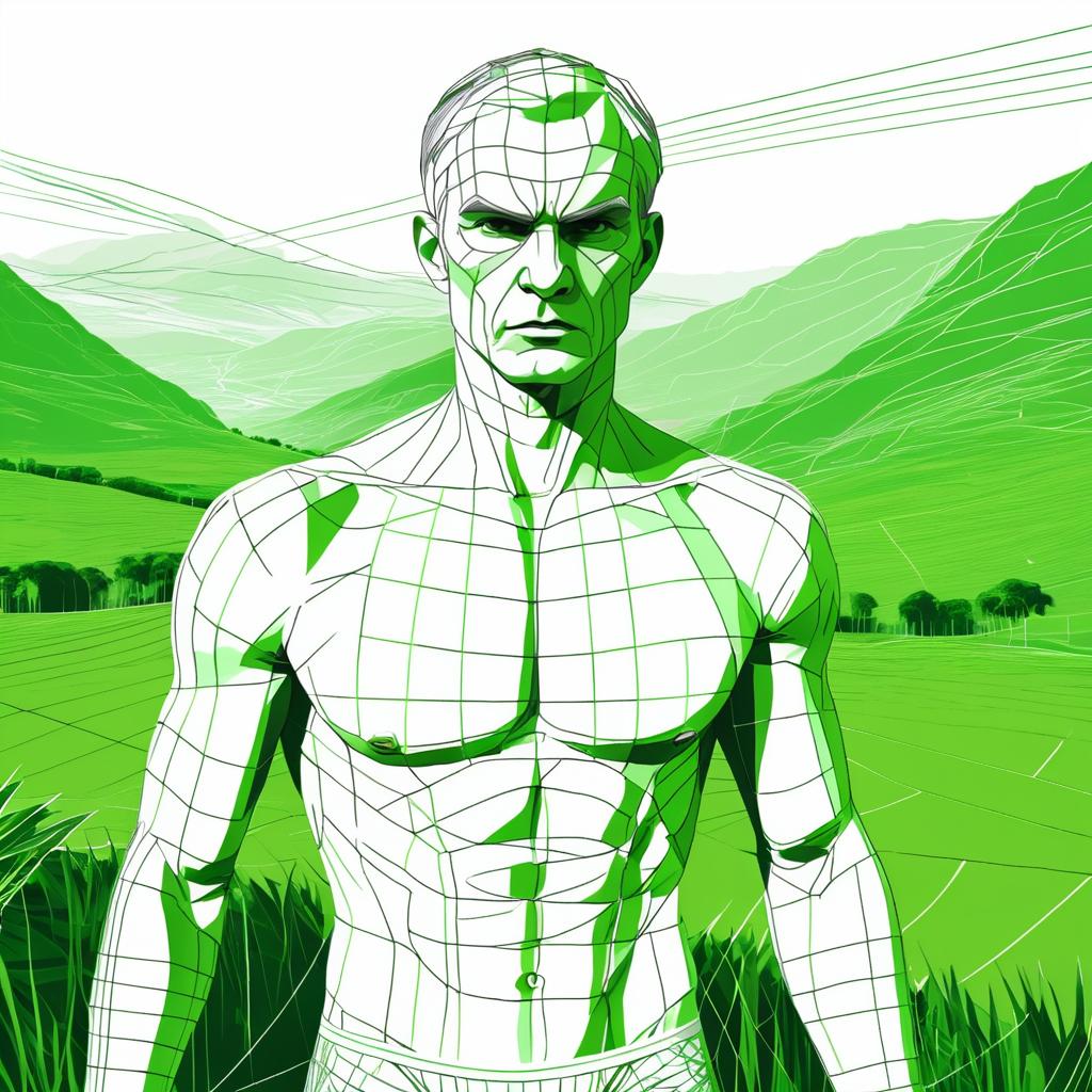 Angry Wireframe Portrait in Green Valley