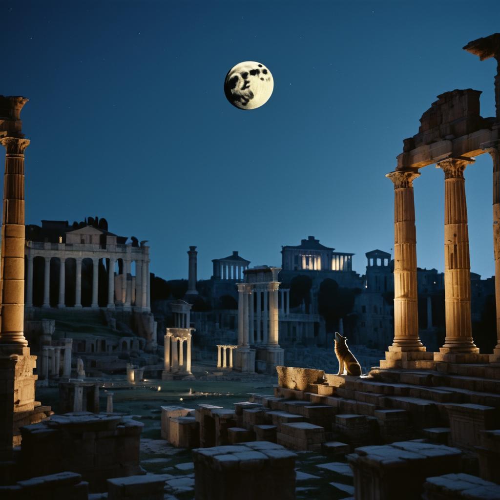 Lone Wolf Howling in Roman Ruins