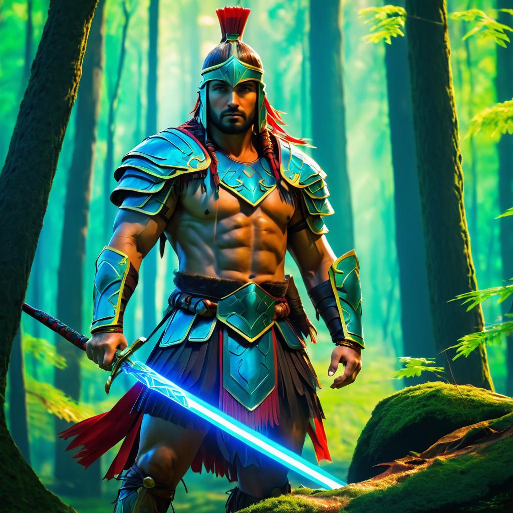 Vibrant Ancient Warrior in Enchanted Forest